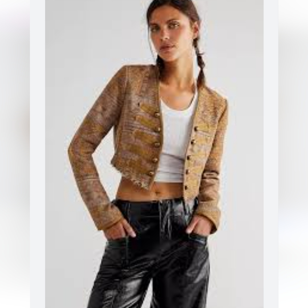 BNWT! L" FREE PEOPLE Juliette Cropped Jacket in Gold Combo - Picture 14 of 16